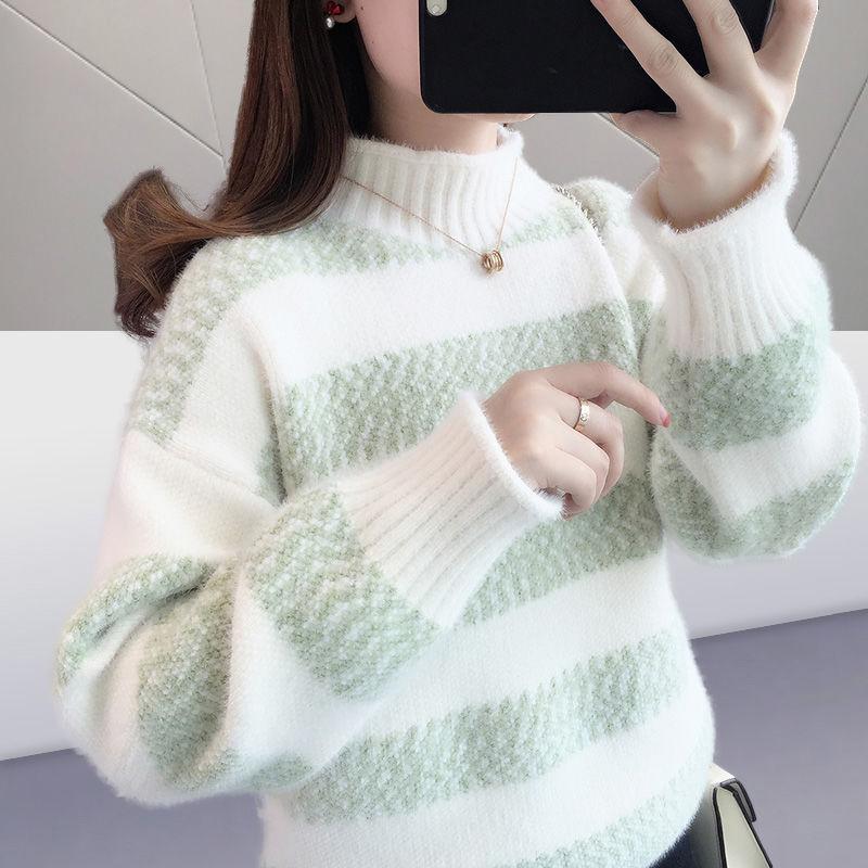 Turtleneck Striped Sweater Women's Autumn and Winter New Loose Outer Wear Casual Imitation Mink Velvet Knitted Sweater Tide