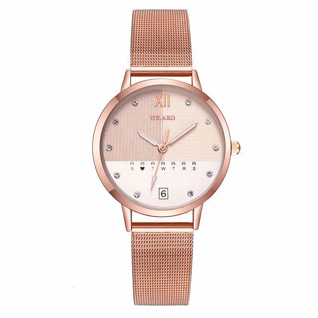 Mode Frauen Rose Gold Edelstahl Mesh Gürtel Doppel Farbe Uhr Luxus Damen Quarzuhr