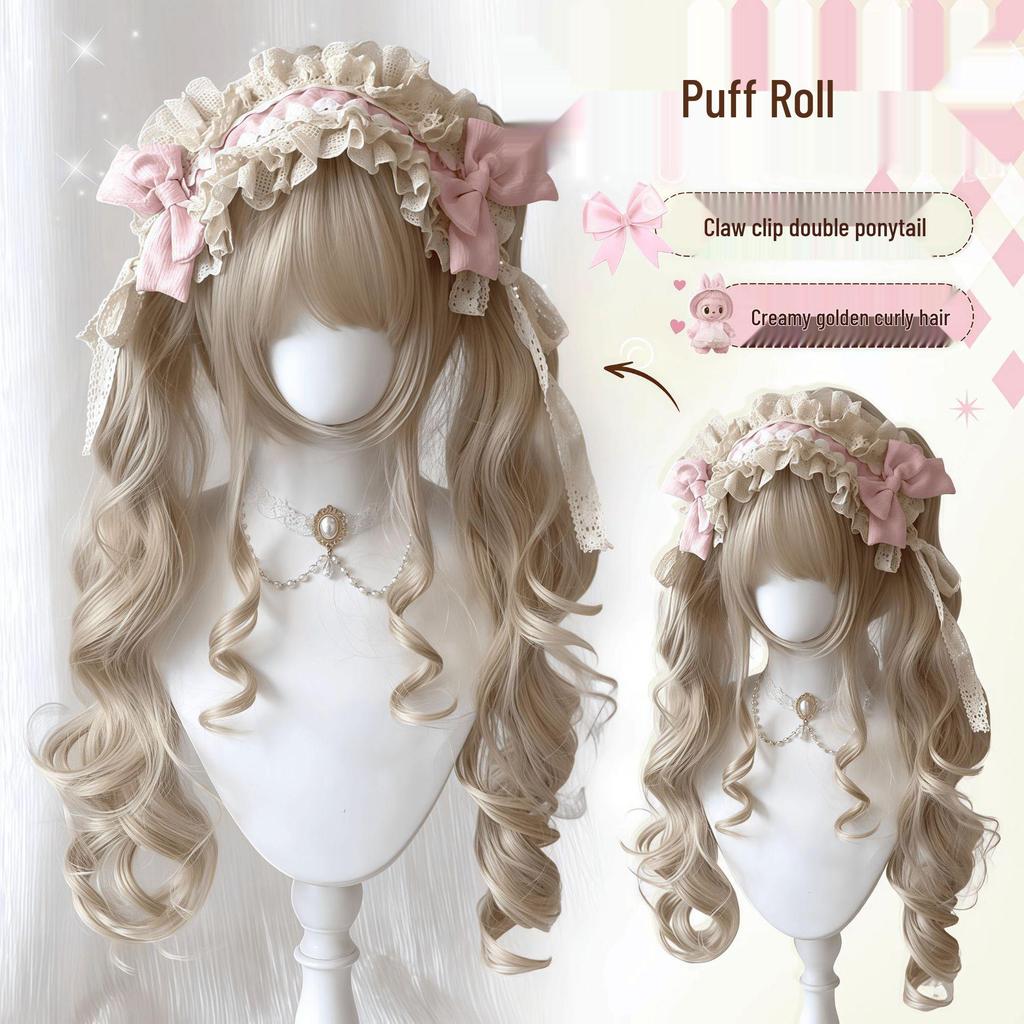 Cream Puff Roll Mola Wig: Women's Roman Curl Double Ponytails Lolita Long Curly Hair Full Head Cover
