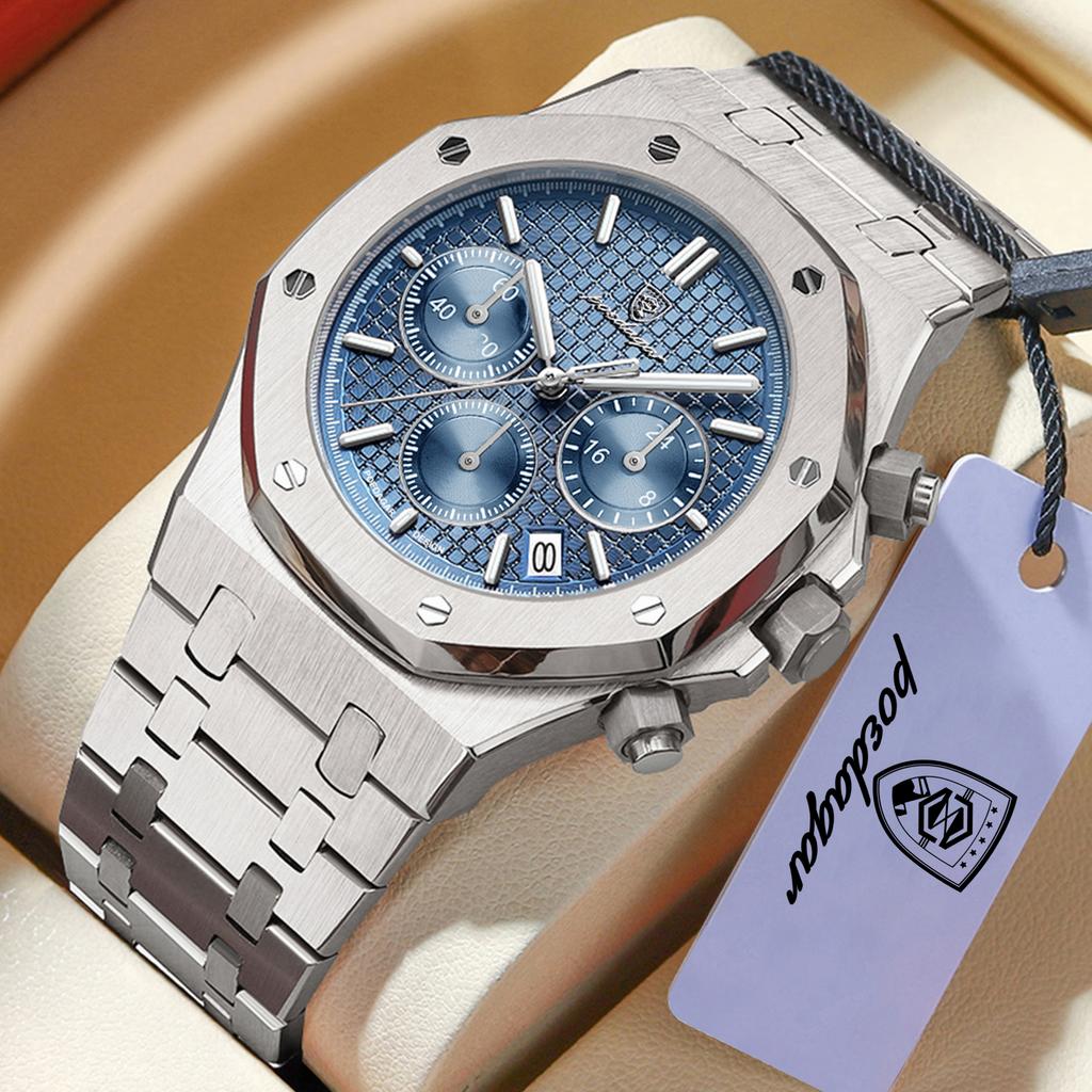 POEDAGAR Luxury Men's Watches Stainless Steel Date Chronograph Male Watch Waterproof Luminous Military Quartz Wristwatch
