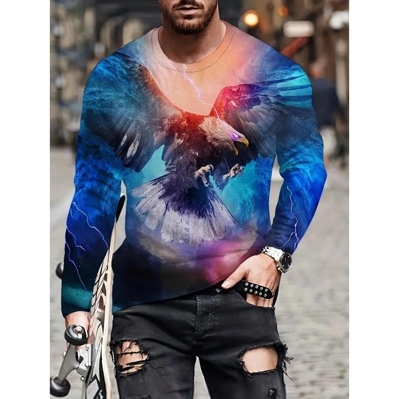 Spring and Autumn Round Neck Vintage Eagle Graphic 3D Printed Top Fashionable Casual Long Sleeved Men's T-shirts