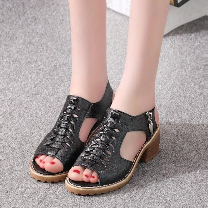 New Summer Women 'S Sandals Square Heel Zipper Gladiator Shoes Open Toe High Heels Women Hollow Breathable Casual Sandals
