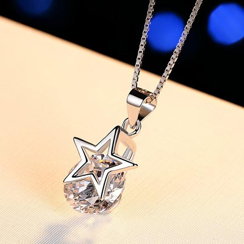 Inlay Korean-style fashion silver jewelry Five-pointed star necklace for women, pentagram pendant, direct supply clavicle chain