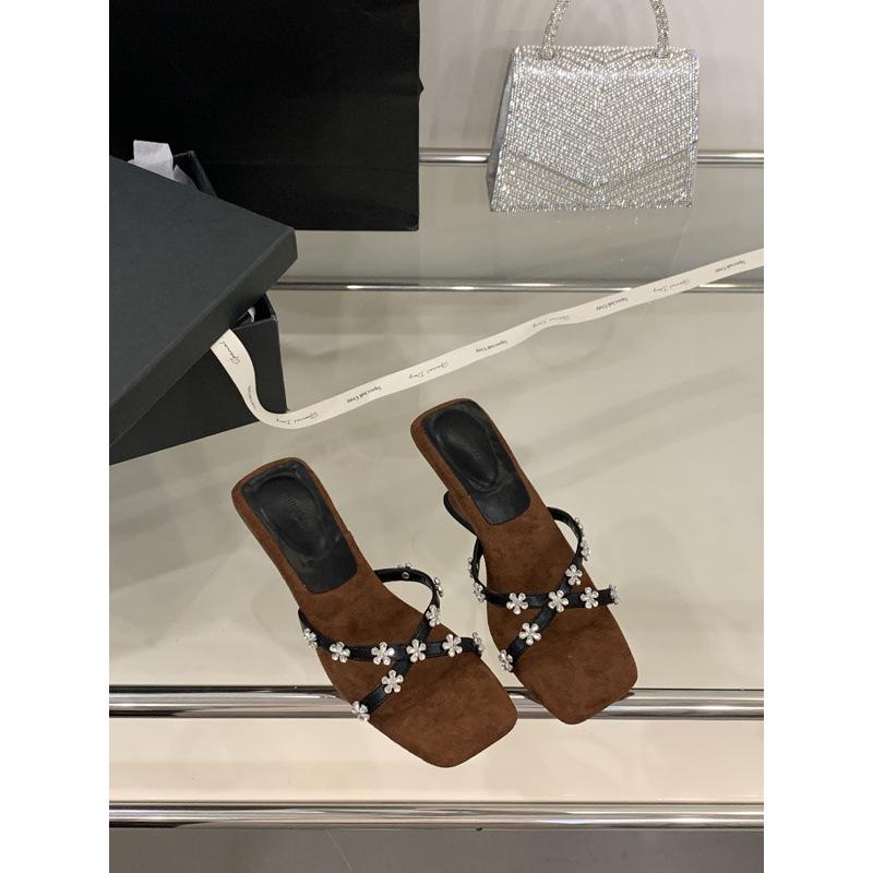 2025 Spring and Autumn New Fashion Versatile Special-shaped Slope Heel Cool Slippers Women's Summer Wear Half-drag Rhinestone High Heels