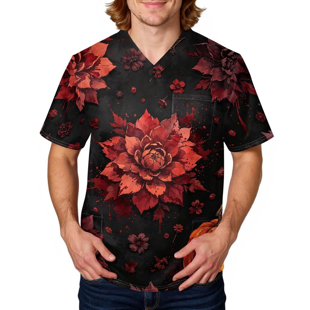 Men's Halloween Print Scrub Top Short Sleeve for Work Uniform