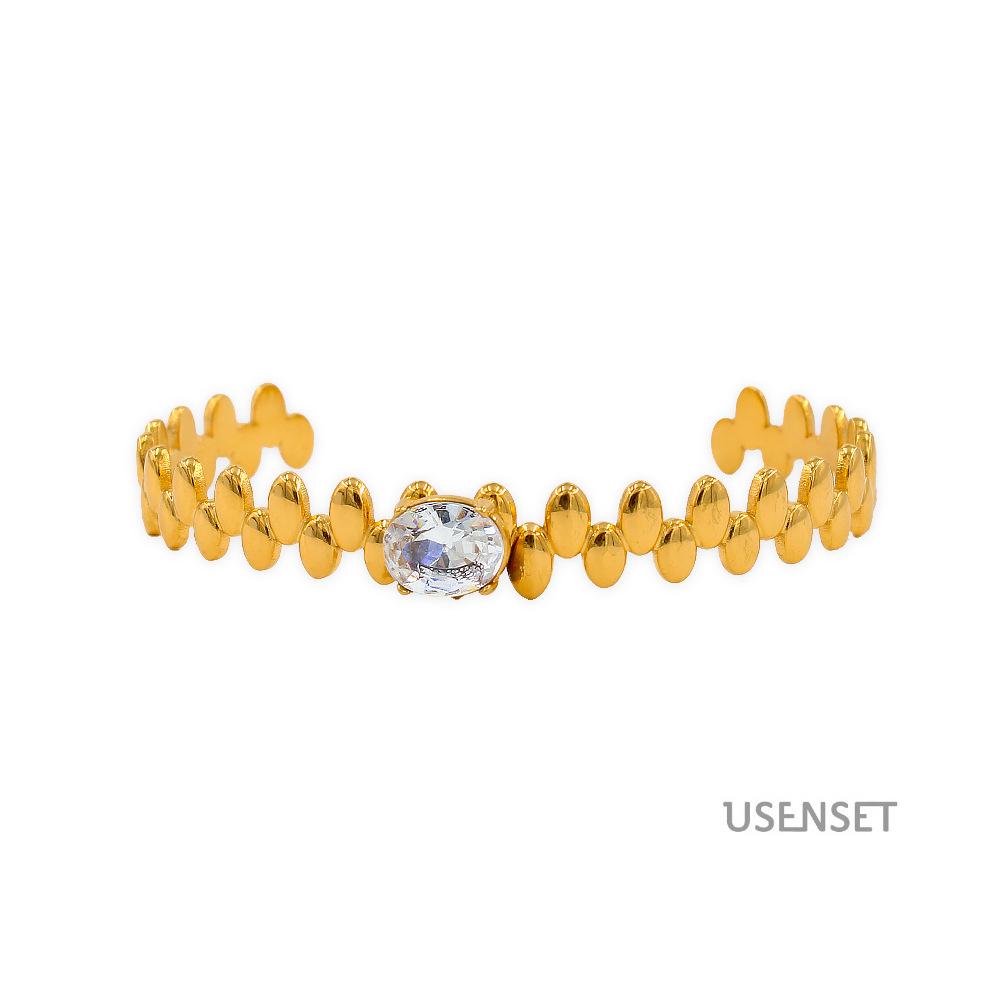 Geo Oval Zirconia Stainless Steel C-Shaped Open Bangle for Women