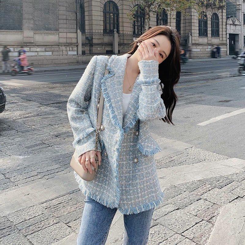 Fashionable Lapel Suit Jacket for Ladies, Winter Sweet Checkered Suit Jacket
