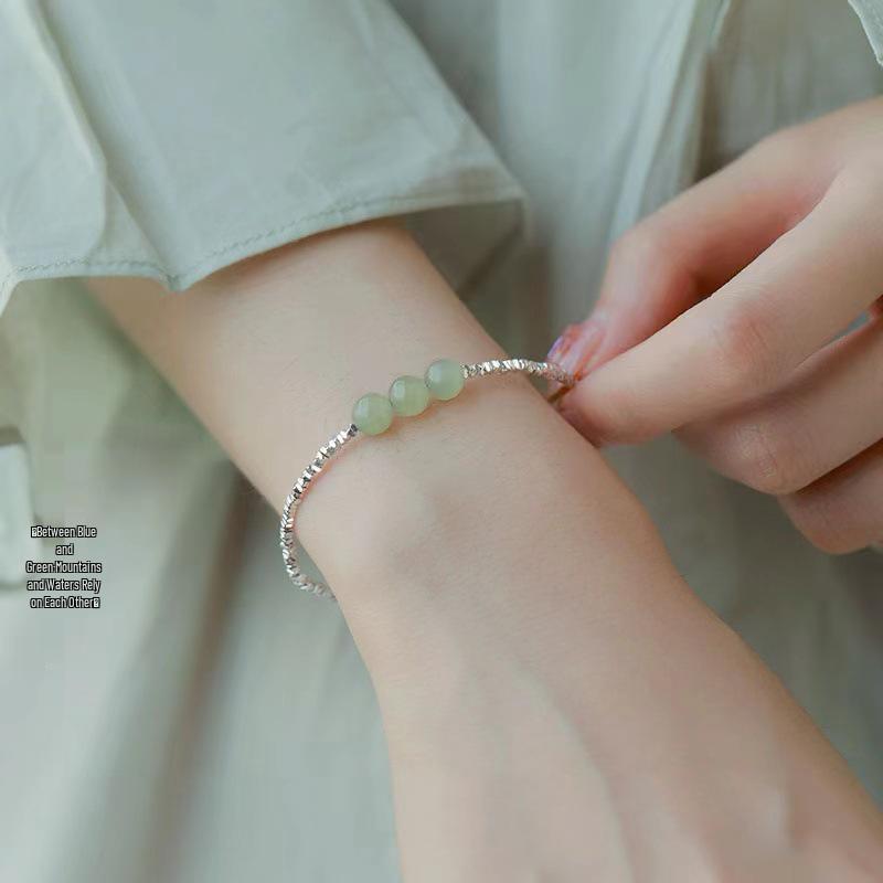 2024 Modern Chinese Hetian Jade & Silver 'Fu' Charm Bracelet for Women - Luxe, High-End Design with Jade Beads