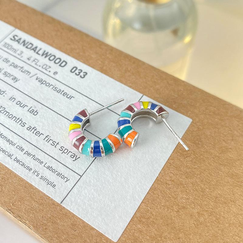 Small Rainbow C-shaped Earrings Colored Glue Drop Earrings Dopamine Accessories for Women Semi-circle