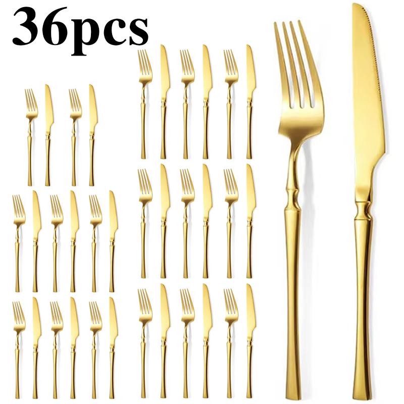12/24/36pcs Stainless Steel Tableware Set, Including Knife and Fork, Luxurious Gold Waist, Suitable for Holiday Restaurants.