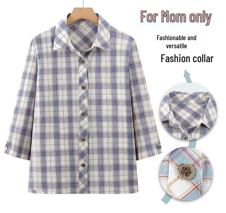 Women's Plaid Long Sleeve Pure Cotton Shirt for Spring/Autumn - Loose Fit for Middle-Aged and Elderly