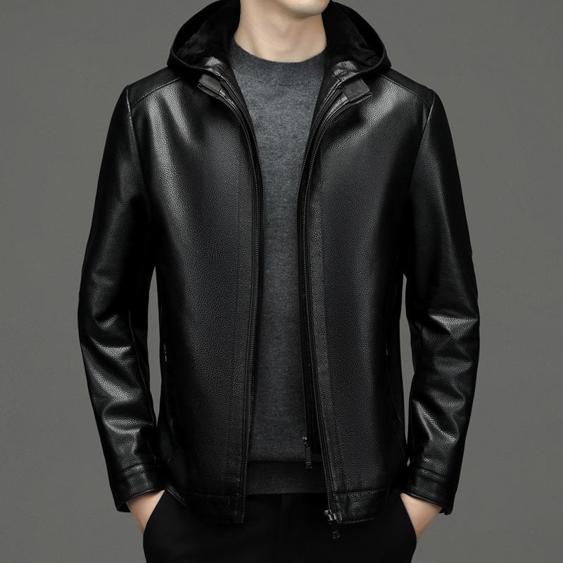 

Кожаная куртка мужская среднего возраста куртка из овчины с лацканами тонкая короткая свободная куртка с капюшоном для папы L