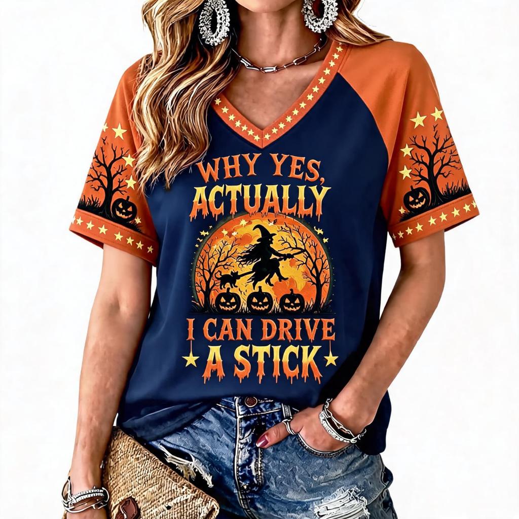 Women's Halloween Print Raglan Short Sleeve T-Shirt