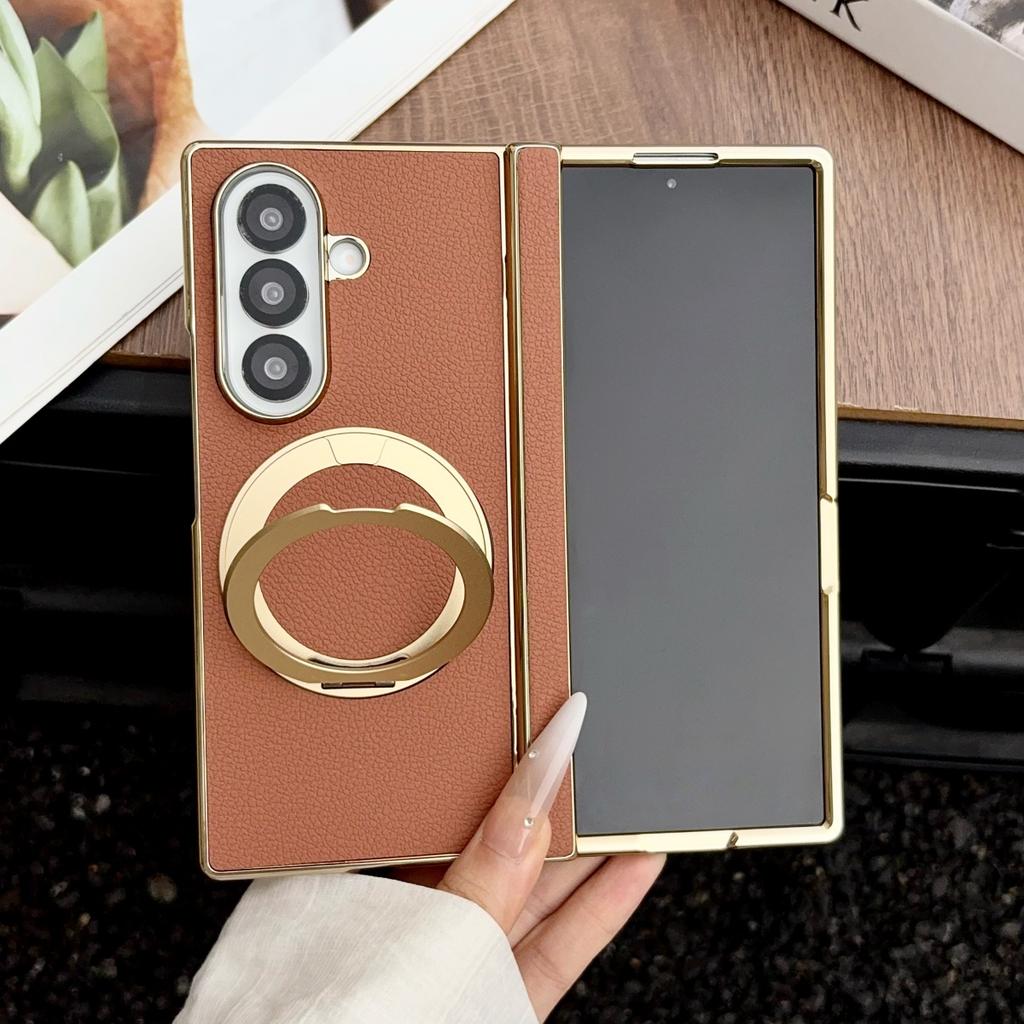Electroplated 360 Rotating Bracket Magnetic Phone Case for Samsung Galaxy Z Fold8 Ultra Fold 8 7 Leather Hinge Protective Cover
