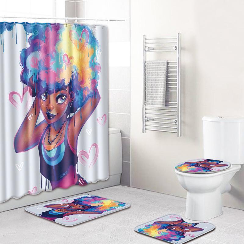 African American Women'S Bathroom Non-Slip Floor Mat, Shower Curtain Combination Carpet, European And American Wind Explosion Female Fixed Zhi