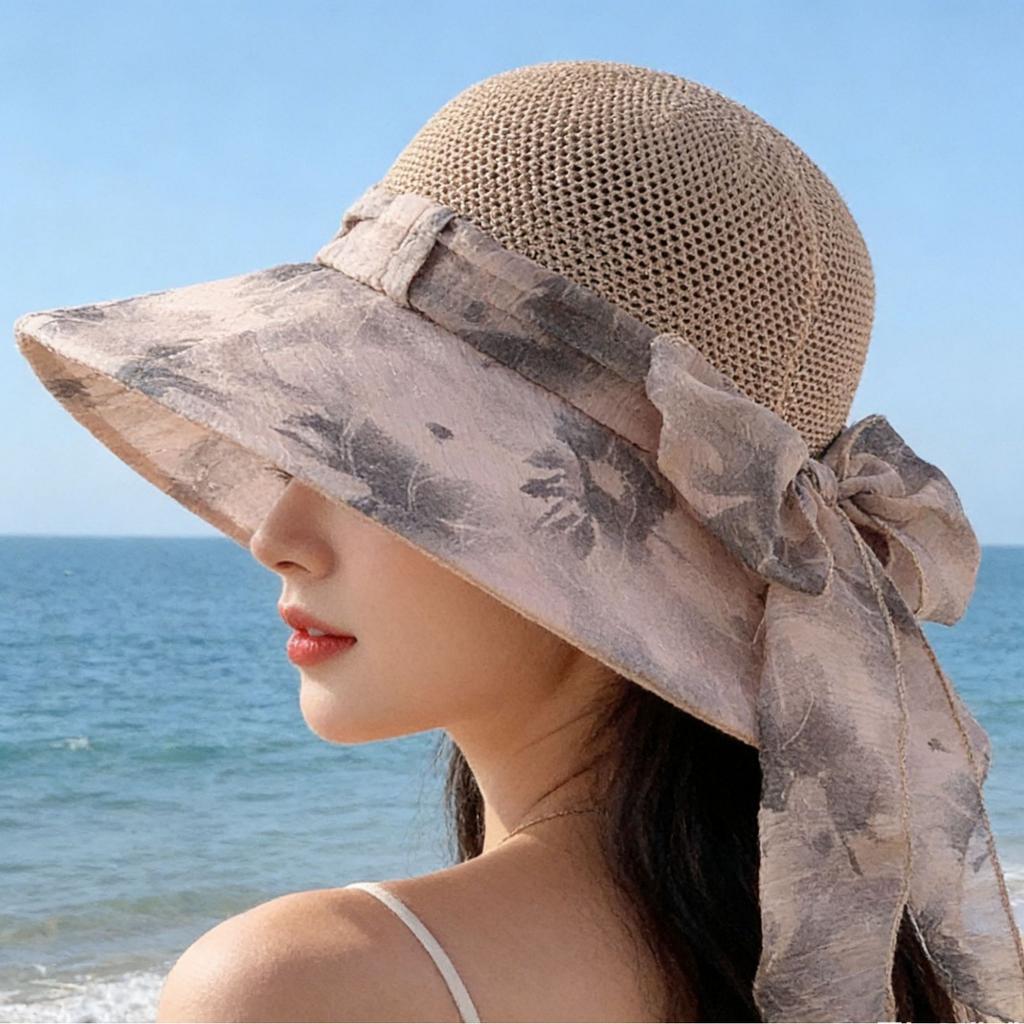 Big Eaves Sunscreen Hat Women'S Summer Breathable Bow Bucket Hat Outdoor Leisure Sunshade Uv Protection Hat