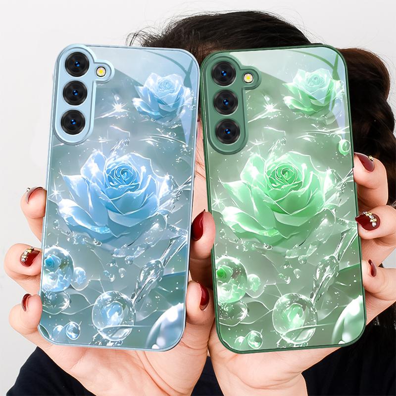 Ice Crystal-colored Roses For Samsung S26 S22 S8 9 10 S20 Ultra S21 Pro S22 Plus S23 FE S24Ultra S25 Edge S24+ Glass Phone Case