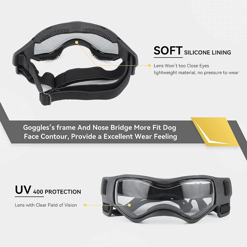 Dog Goggles Dog Sunglasses for Small Breed UV Protection Windproof with Adjustable Head Straps Chin Straps for Ride Car/Hiking Travel/On Beach-Black