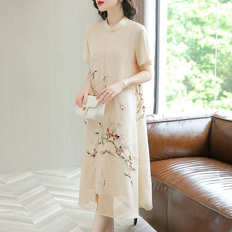 Summer Chiffon Cheongsam Dress for Women Flowy Loose Fit Floral Print Vintage Style Elegant and Comfortable