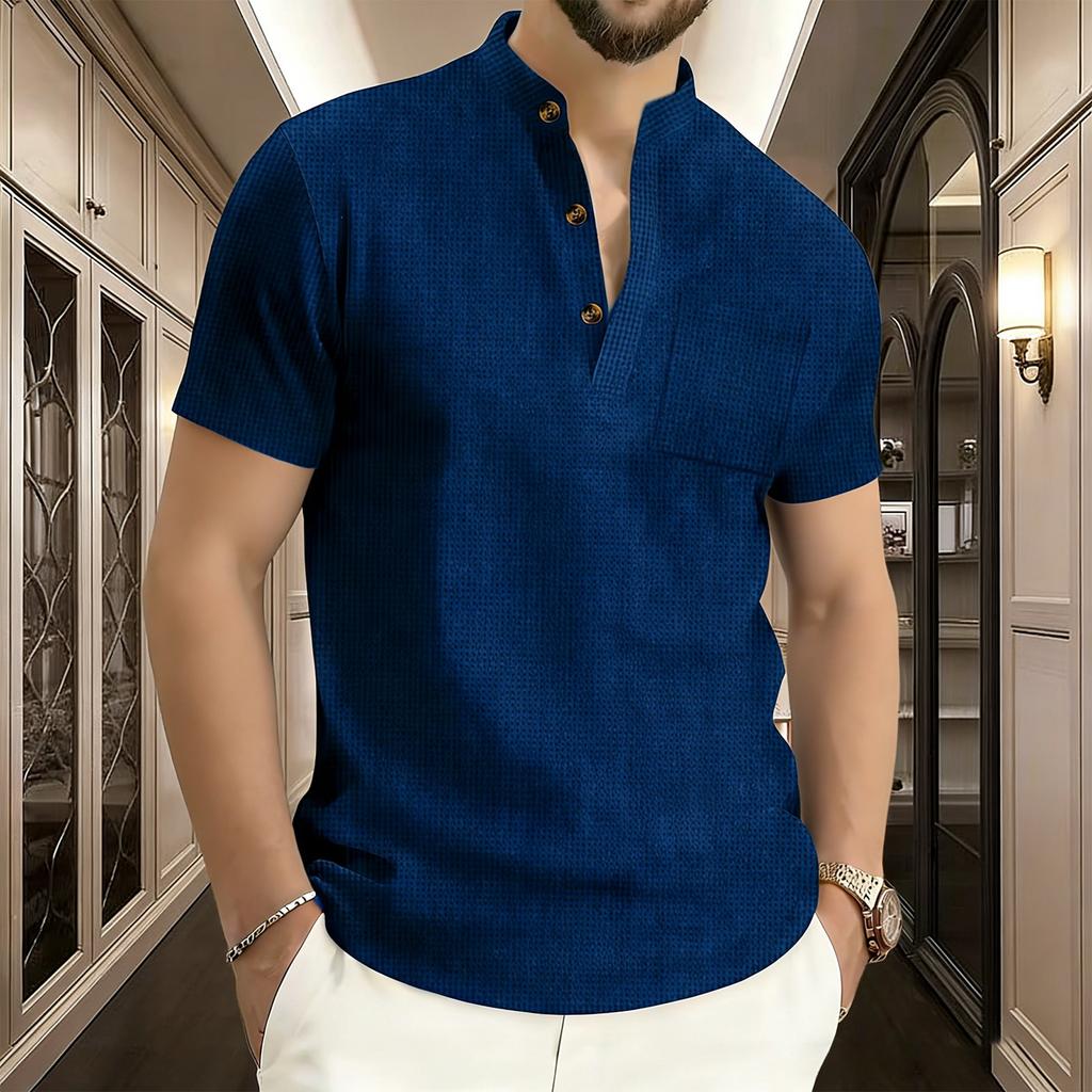 Men’s Short Sleeve Henley Shirt with Pocket Ribbed Knit Stand Collar Button Front Modern Fit Soft Lightweight Top