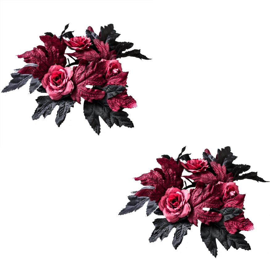 Halloween Artificial Rose Flowers Red&Black Silk Fake Maple Leaves Candlestick Wreath for Home Party Dining Table Candle Holders