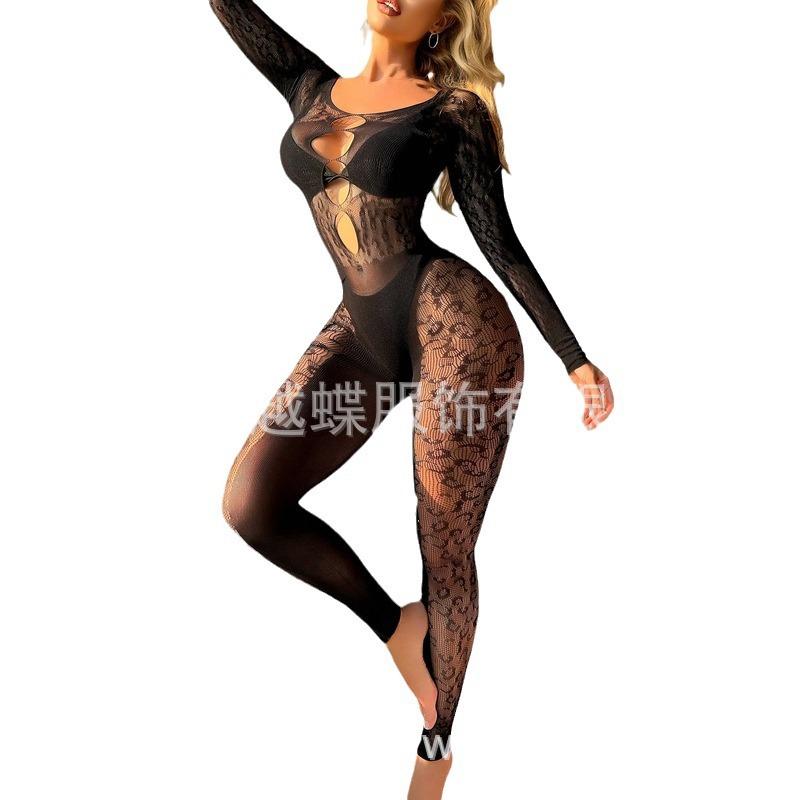 European and American New Sexy Printing Perspective Fun Hollow Mesh Jacket Leopard Print Sexy Jumpsuit