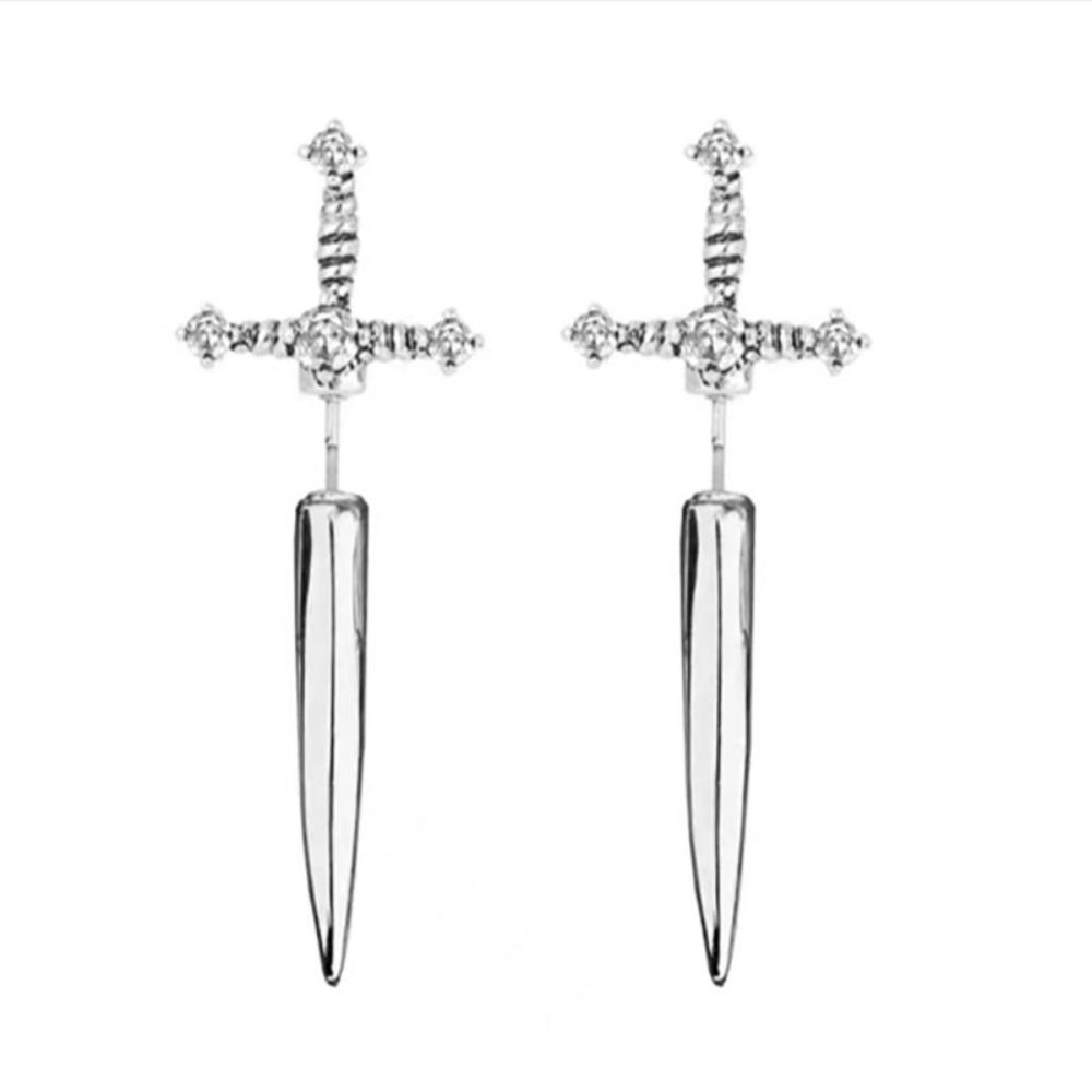 Gothic Sword Kinitial Ladies Stud Earrings Retro Crystal Diamond Dagger Earrings