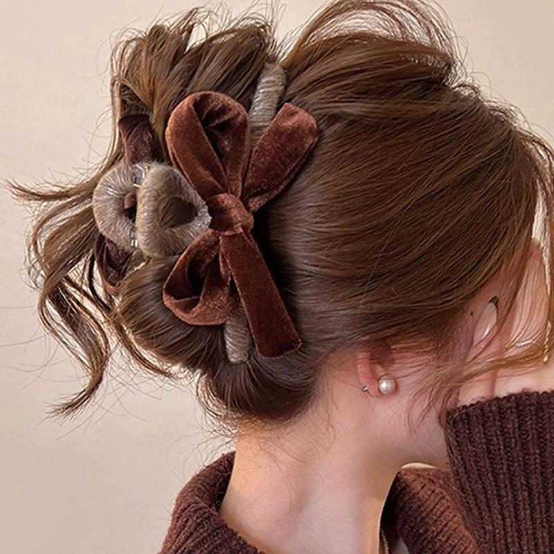 Korean Velvet Bow Hair Claws for Women Autumn Winter Premium Mallard Shark Clip Large Updo Hair Clip Commute Versatile Daily