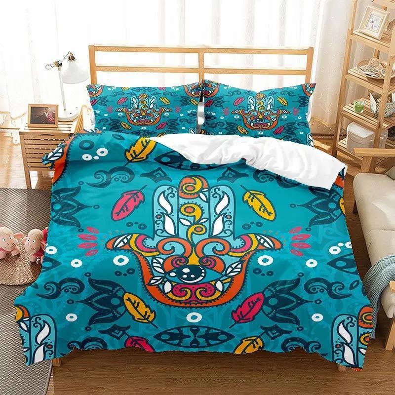 Hamsa Hand Bettbezug King Queen Boho Schwarz Gold Glückshand Fatima Bettwäsche Set Hippie Paisley Tribal Polyester Steppdeckenbezug