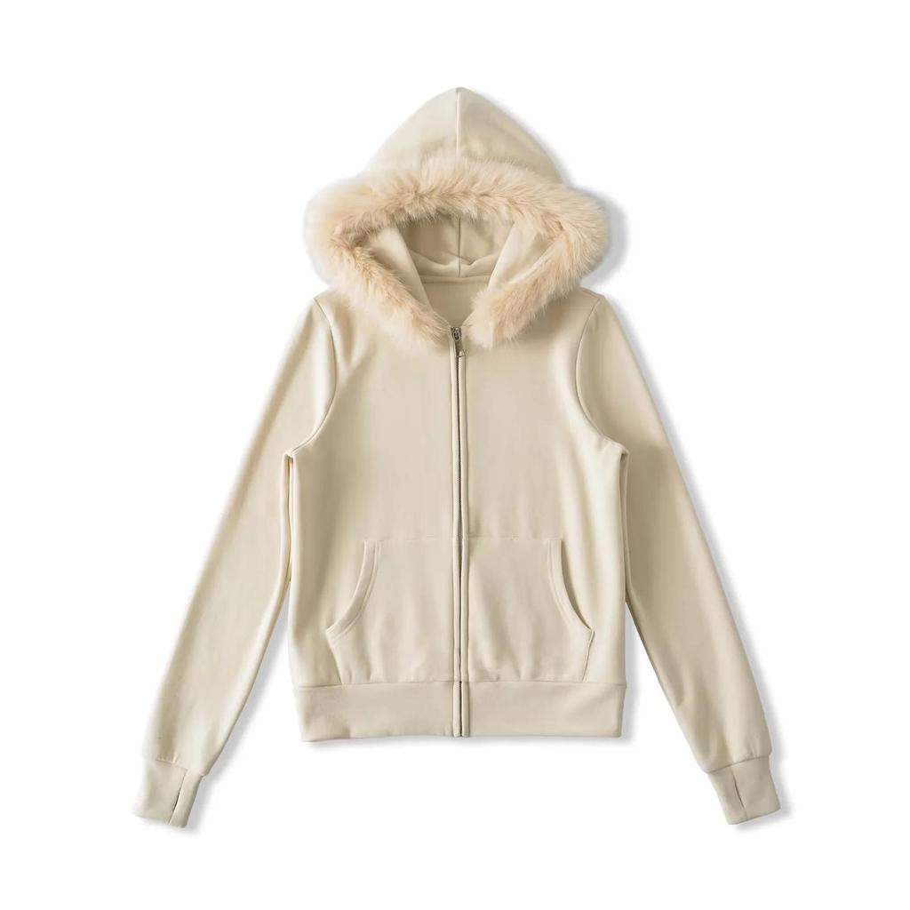 Autumn/Winter Outfit Set: Detachable Fur Collar Hoodie Fleece Jacket & Slim Flare Pants.