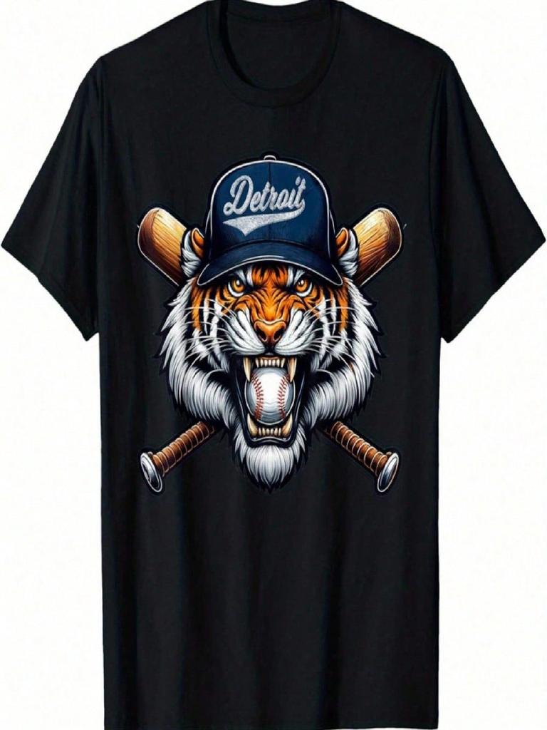 Detroit Tiger Graphic unisex's T-Shirt - Vintage Style Cotton Crew Neck Tee With Baseball Bat Design, Casual Sportswear For All Seasons