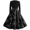 Women's Casual Vintage V Neck Dress Long Sleeve Halloween Print Swing Dress with Waist Tie Retro Style Midi Dress