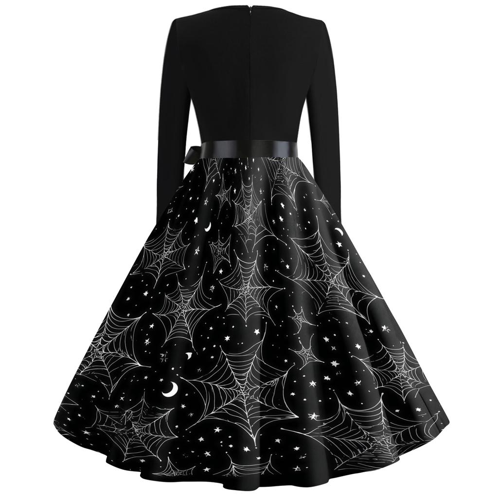 Women's Casual Vintage V Neck Dress Long Sleeve Halloween Print Swing Dress with Waist Tie Retro Style Midi Dress