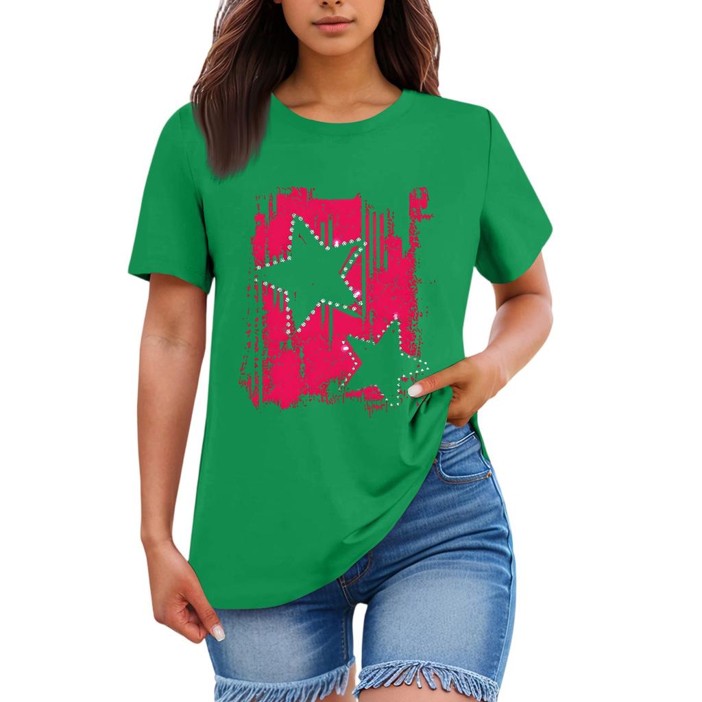 Ladies' Loose Comfortable Casual Fashionable  star Pattern Printed Round Neck Short Sleeved Shirt