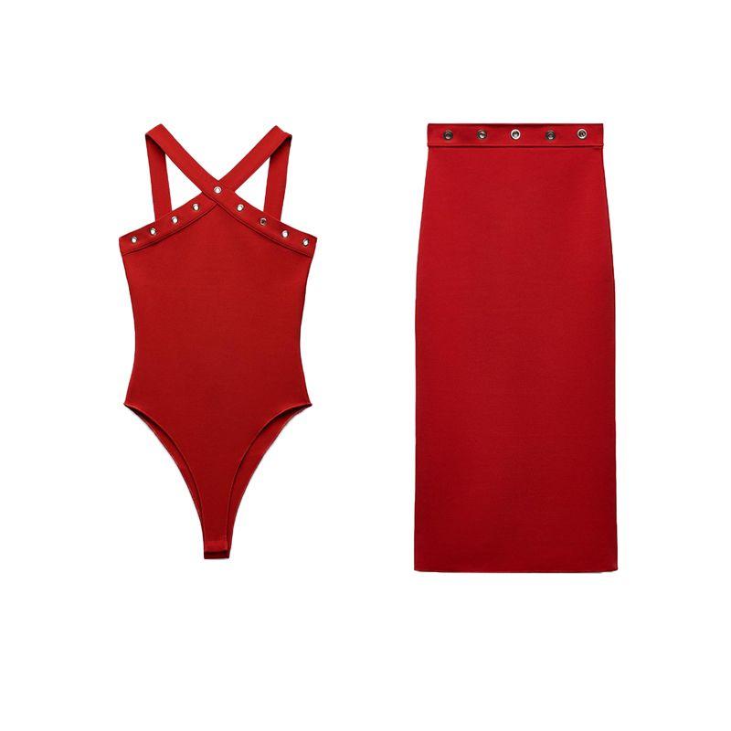 Metal Decoration Shaping Elastic Hanging Collar Jumpsuit 5584160 High Waist Mid-Length Midi Dress 5584161