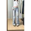 Women's Low Waist Lace Trim Light Blue Flare Jeans Distressed Slim Fit Denim Pants Streetwear Trousers