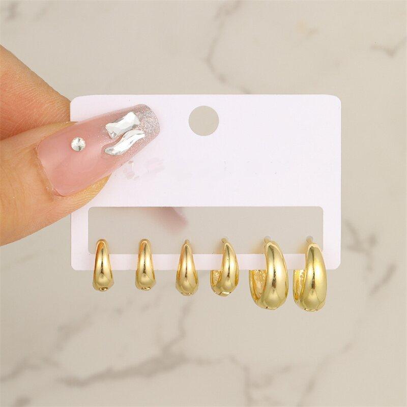 6PCS Simple Gold Plated Copper Metal Minimalist Invisible Huggies Hoop Earrings for Women Glossy Small Geometric Circle Hipho