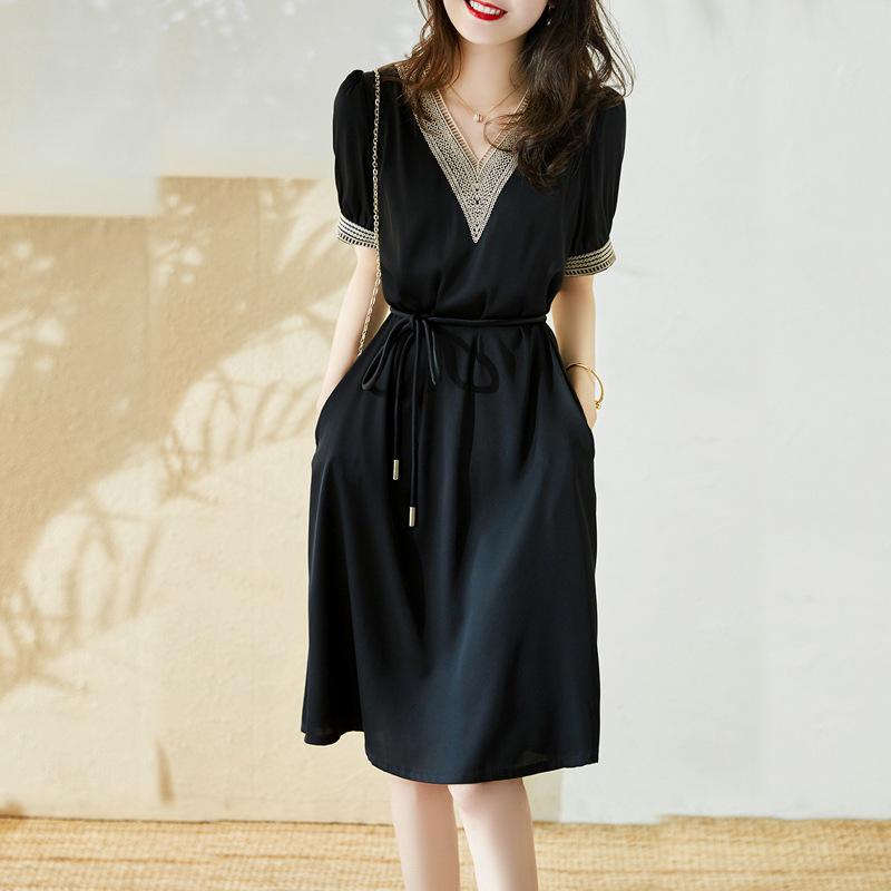 A-line Skirt Latest Womens Summer V-neck Hollow Lace-up Relaxed Fit Slim Dress S