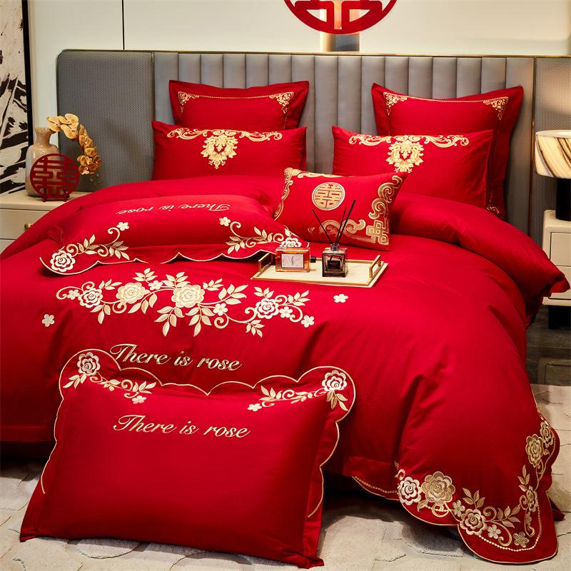High-End Long-Staple Cotton Wedding 4Pcs Set Chinese Wedding Wedding Kit Big Red Embroidery Pure Cotton Wedding Bedding