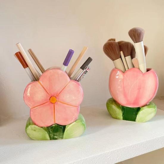 Ceramic Flower Pen Holder Cute Desk Office Storage Box Stationery Shelf Multifunctional Aesthetic Desktop Organizer for Makeup Tools Rulers Brushes