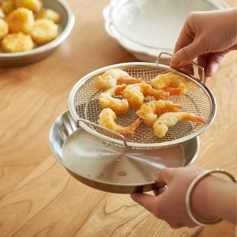 with Binaural Handle Stainless Steel Frying Filter Round Mesh Plate Fried Chicken