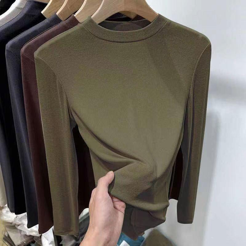 Herbst Winter Neue Modische Stilvolle Deutscher Samt Stehkragen Innen Weiß Basis Hemd Damen Slim Fit Langarm T-Shirt Top