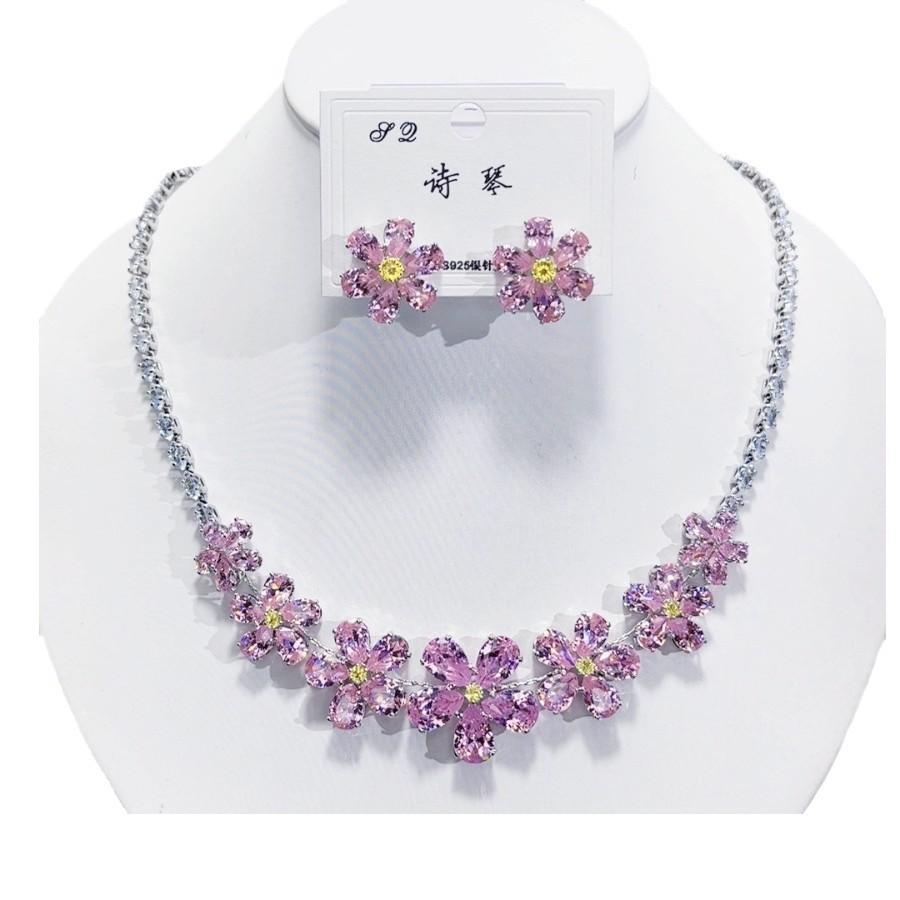 Colar Brincos Florais Rosa Tendência Para Mulheres Noivado Moda Conjunto de Joias Gargantilhas de Casamento Acessórios de Festa Presentes