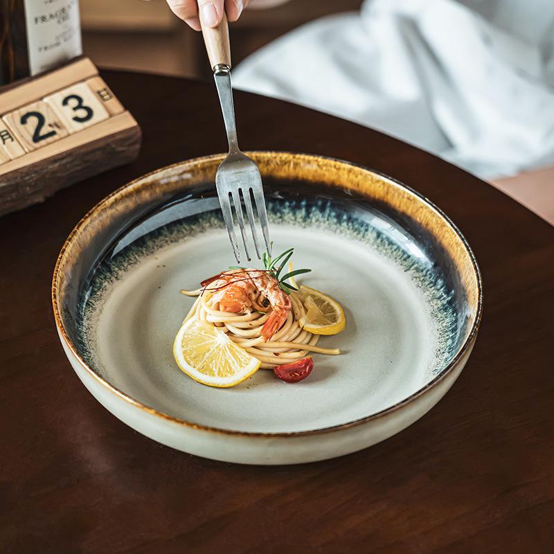 Retro Style Contrasting Color Kiln Change Glaze Ceramic Deep Plate Household Tableware Plate Creative Disc Pasta Plate Salad Plate Vegetable Plate