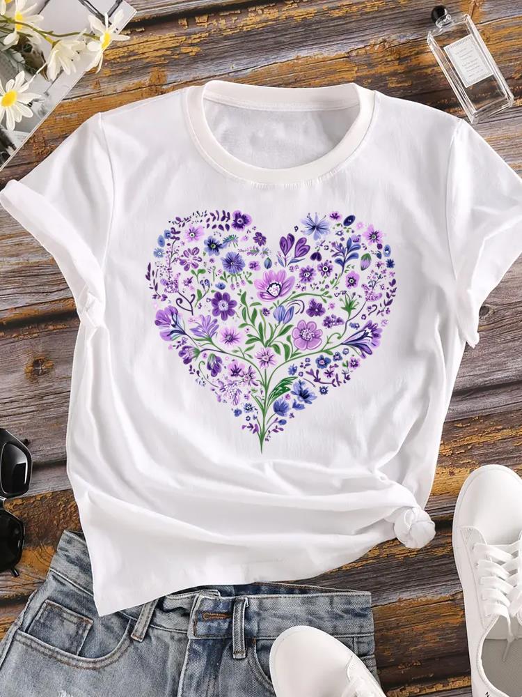 (Asian Size) Flower Letter Trend Female Top Fashion Graphic Short Sleeve T-shirts Casual T Shirt  Lady Printed Clothing Women Tee