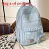 Checkered Pattern Sweet Lace Design Student Backpack With Plush Pendant Decor