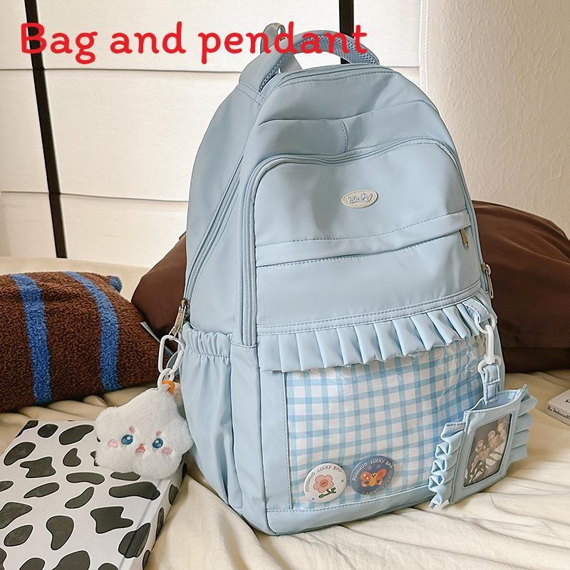Checkered Pattern Sweet Lace Design Student Backpack With Plush Decor Pendant