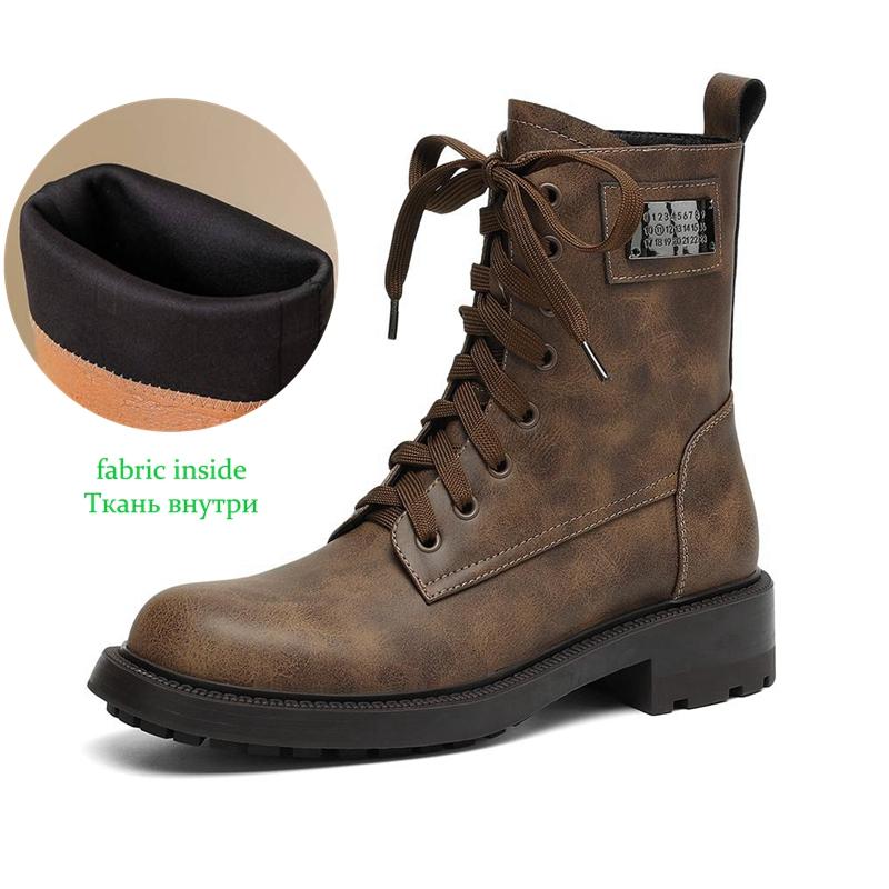 Krazing Pot Genuine Leather Winter Round Toe Western Boots Med Heels Women Cross-tied Lace Up Women Ankle Boots