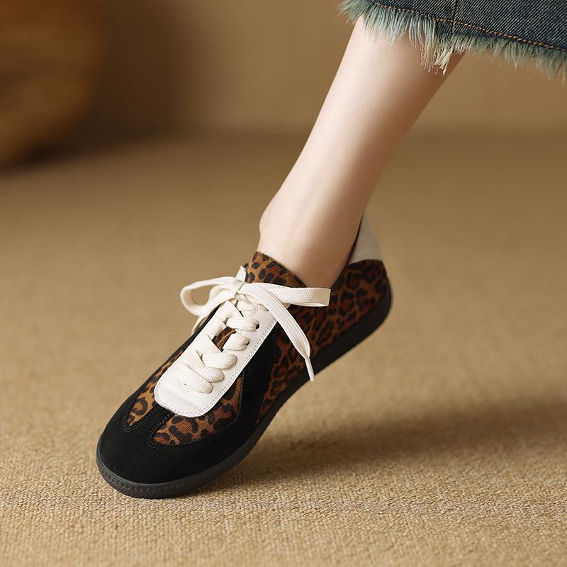 Fashion Women Lace Up Sneakers Genuine Leather Splicing Flat Shoes Black Leopard Print Ladies Casual Flats Womens Round Toe Footwear