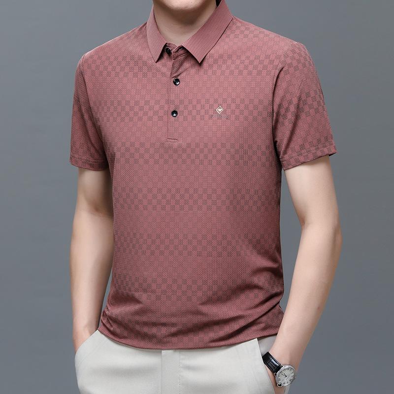 Ice Silk Polo Shirt Men'S Short-Sleeved Thin Summer Dress Business Men'S Loose Lapel Plaid Jacquard Half-Sleeved Top T-Shirt
